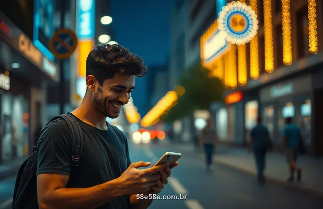 Jovem brasileiro na rua à noite com luzes azuis e douradas olhando o celular