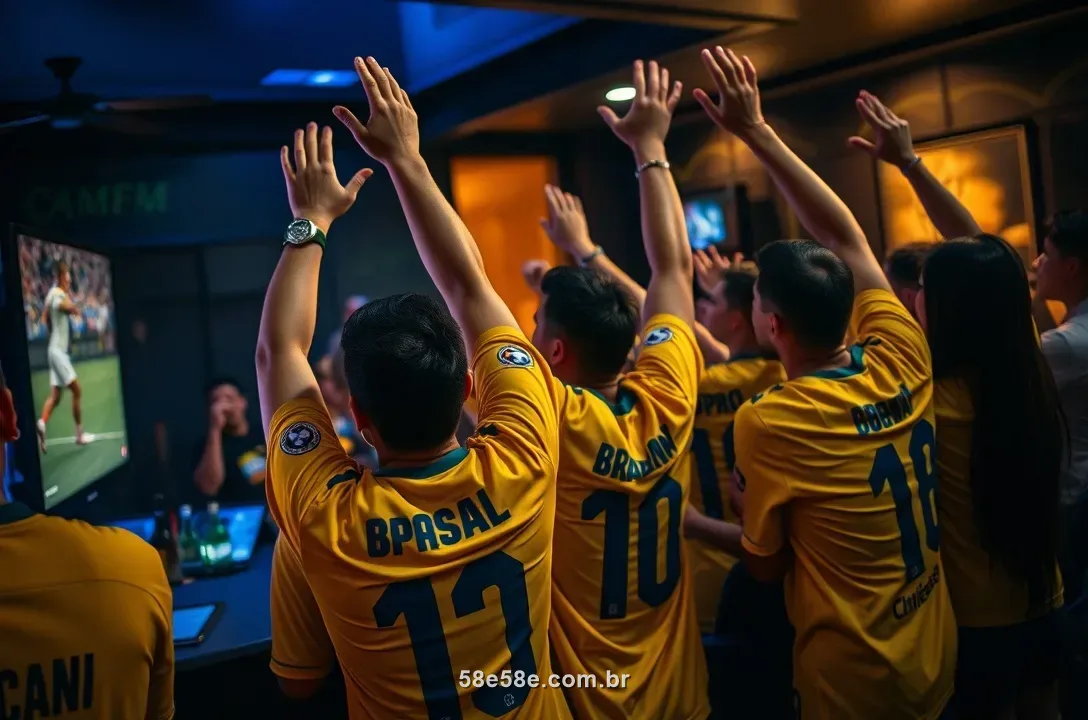Torcedores brasileiros de camisa amarela comemorando um jogo num bar à noite
