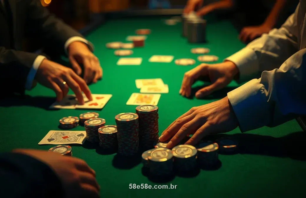 Mãos distribuindo cartas e fichas sobre uma mesa de cassino verde