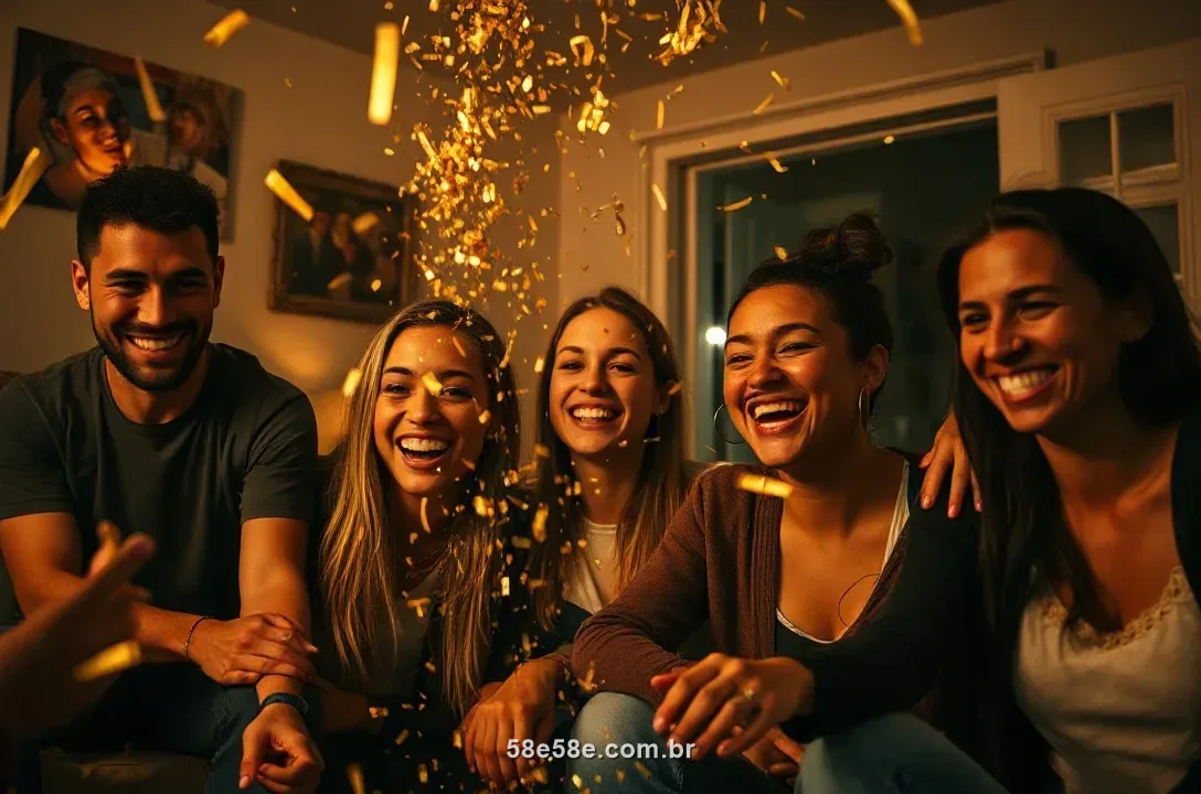 Amigos brasileiros comemorando um prêmio em casa com confete dourado