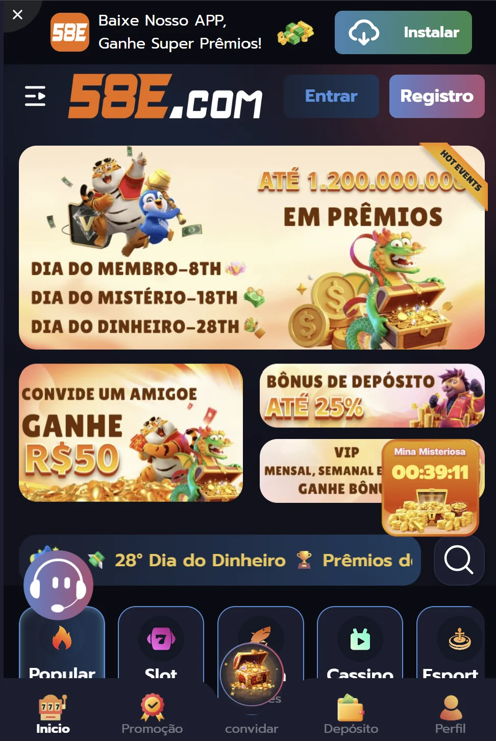 Tela inicial do app oficial 58E.com com o calendário de prêmios