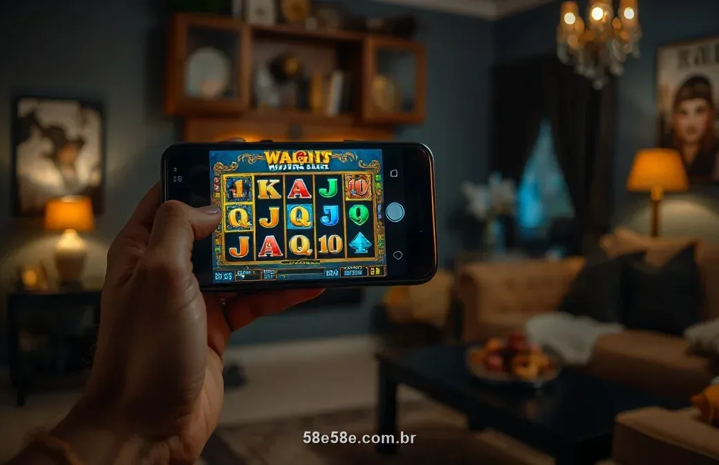 Mão segurando o celular com um caça-níquel colorido em casa à noite